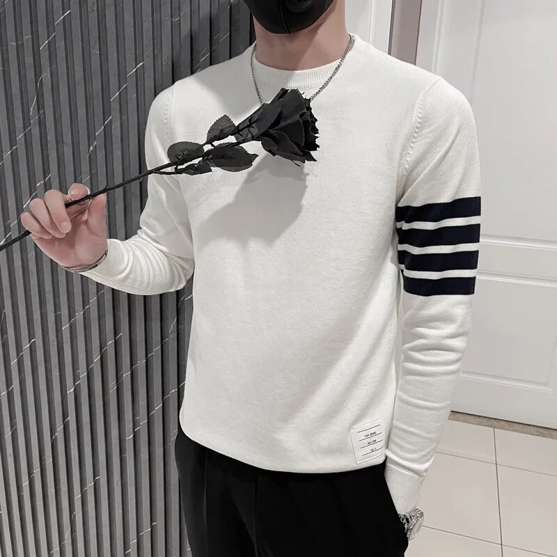 Ilgomis rankovėmis mezgami apatiniai marškinėliai, 2022 m. O formos iškirptė, laisvalaikio juostelėmis marginti korėjietiški 90-ųjų gatvės drabužiai, megztinis, megztinis, vyriški drabužiai