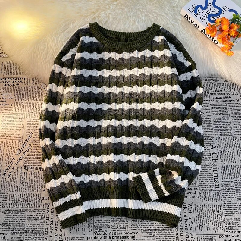 Svītraini džemperi Vīriešu džemperis Klasisks klasisks brīvā laika ielu apģērbs Ziemas Forši Tīņu Modes Baggy Harajuku Kpop Stilīgs BF