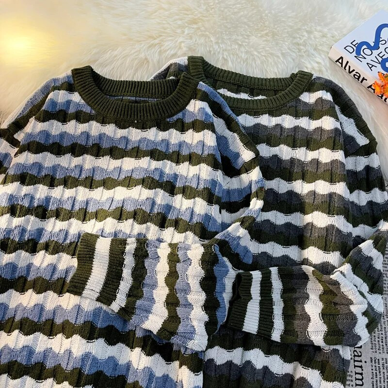 Svītraini džemperi Vīriešu džemperis Klasisks klasisks brīvā laika ielu apģērbs Ziemas Forši Tīņu Modes Baggy Harajuku Kpop Stilīgs BF