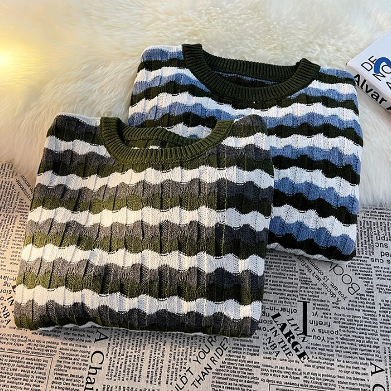 Svītraini džemperi Vīriešu džemperis Klasisks klasisks brīvā laika ielu apģērbs Ziemas Forši Tīņu Modes Baggy Harajuku Kpop Stilīgs BF