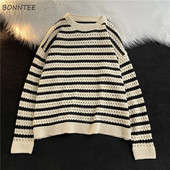 Melni svītraini džemperi Vīriešu džemperis, dobs, izskatīgs ikdienišķs dizains baggy tīņiem unisex elegants ielas apģērbs Свитер O veida kakla vitalitāte