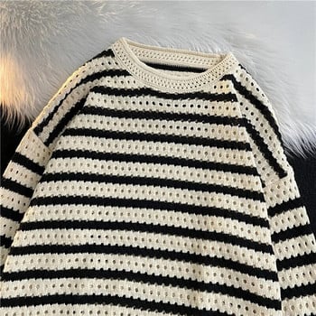 Μαύρα ριγέ πουλόβερ ανδρικά πουλόβερ κούφιο Όμορφο περιστασιακό σχέδιο φαρδύ εφηβικό Unisex κομψό streetwear Свитер Vitality με λαιμόκοψη