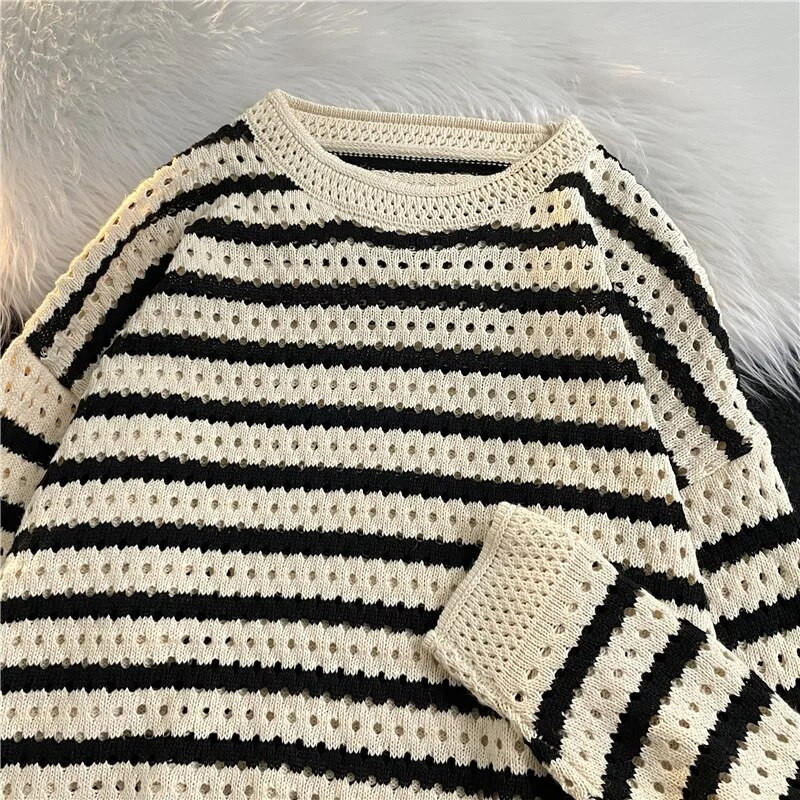 Melni svītraini džemperi Vīriešu džemperis, dobs, izskatīgs ikdienišķs dizains baggy tīņiem unisex elegants ielas apģērbs Свитер O veida kakla vitalitāte