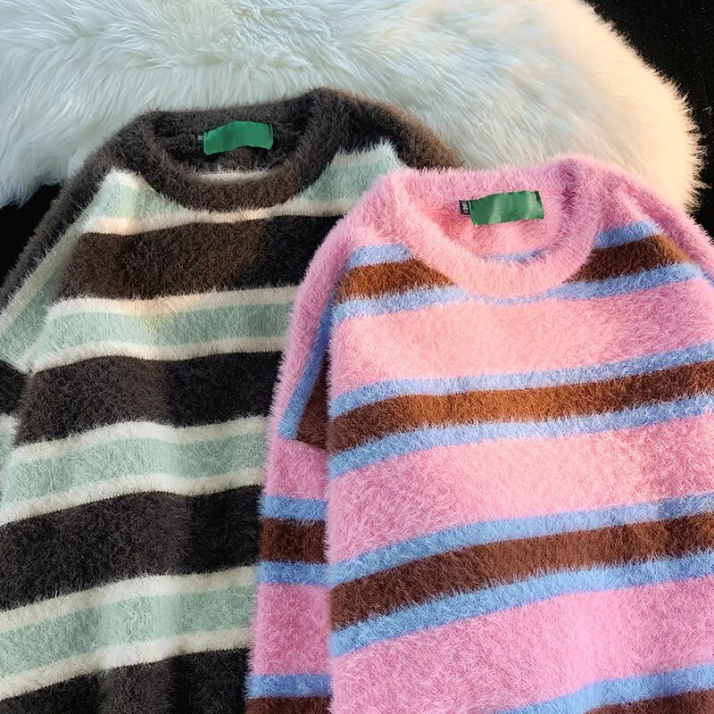 Vintage puloveri vīriešu džemperis svītrains amerikāņu Harajuku dizains Crewneck unisex High Street Baggy Vispārpiemērots personīgais hipster foršs