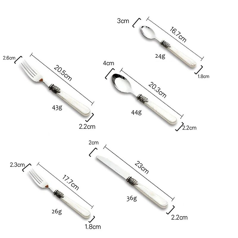 Retro grebšanas pērļu karotes dakšiņas nazis nerūsējošā tērauda vintage sveķu rokturis kafijas karotes deserta galda piederumi foto rekvizīti