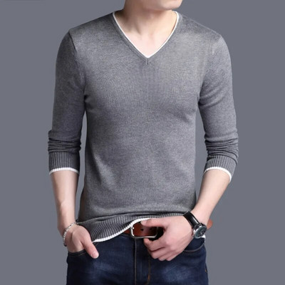 2023. gada rudens jauns trikotāžas apģērbs, kokvilnas vīriešu korejiešu džemperis ar apaļu kakla izgriezumu, svītrains T-krekls, apakšējais vīriešu apģērbs