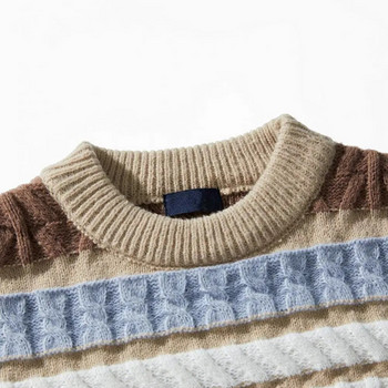 Мъжки плетен пуловер Есен Зима Мъжки пуловер Стилен мъжки плетен пуловер Мек топъл пуловер с О деколте с райе за есента