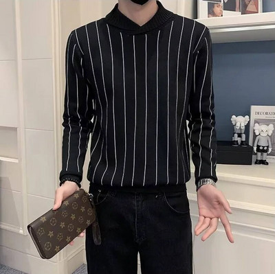 Vyresnio amžiaus vyrų mados ilgomis rankovėmis mezgimo pagrindas 2023 m. rudens/žiemos Naujas vyriškas dryžuotas megztinis Vyriškas laisvalaikio plonas megztinis