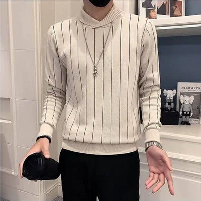 Vyresnio amžiaus vyrų mados ilgomis rankovėmis mezgimo pagrindas 2023 m. rudens/žiemos Naujas vyriškas dryžuotas megztinis Vyriškas laisvalaikio plonas megztinis