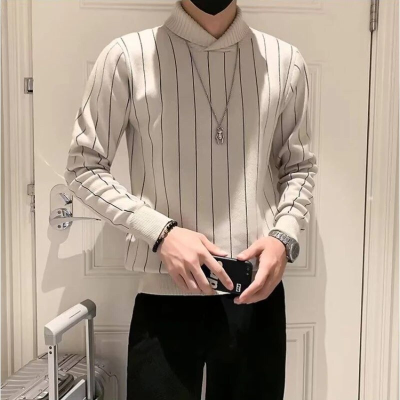 Vyresnio amžiaus vyrų mados ilgomis rankovėmis mezgimo pagrindas 2023 m. rudens/žiemos Naujas vyriškas dryžuotas megztinis Vyriškas laisvalaikio plonas megztinis