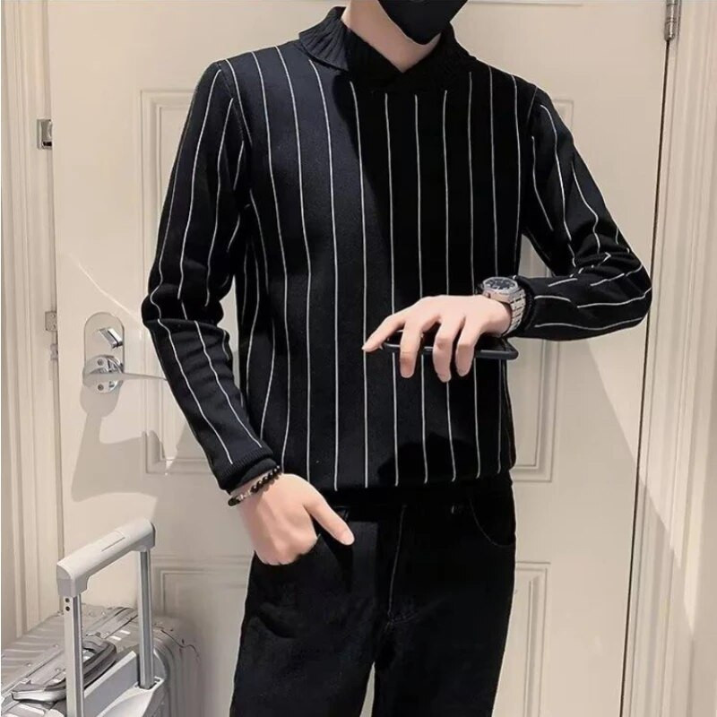 Vyresnio amžiaus vyrų mados ilgomis rankovėmis mezgimo pagrindas 2023 m. rudens/žiemos Naujas vyriškas dryžuotas megztinis Vyriškas laisvalaikio plonas megztinis