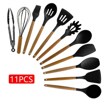 11/12 ΤΕΜ. Σετ μαγειρικά σκεύη σιλικόνης αντικολλητικά μαγειρικά σκεύη κουζίνας Σετ εργαλείων μαγειρικής σπάτουλας φτυάρι Αυγοχτυπητές Ξύλινη λαβή