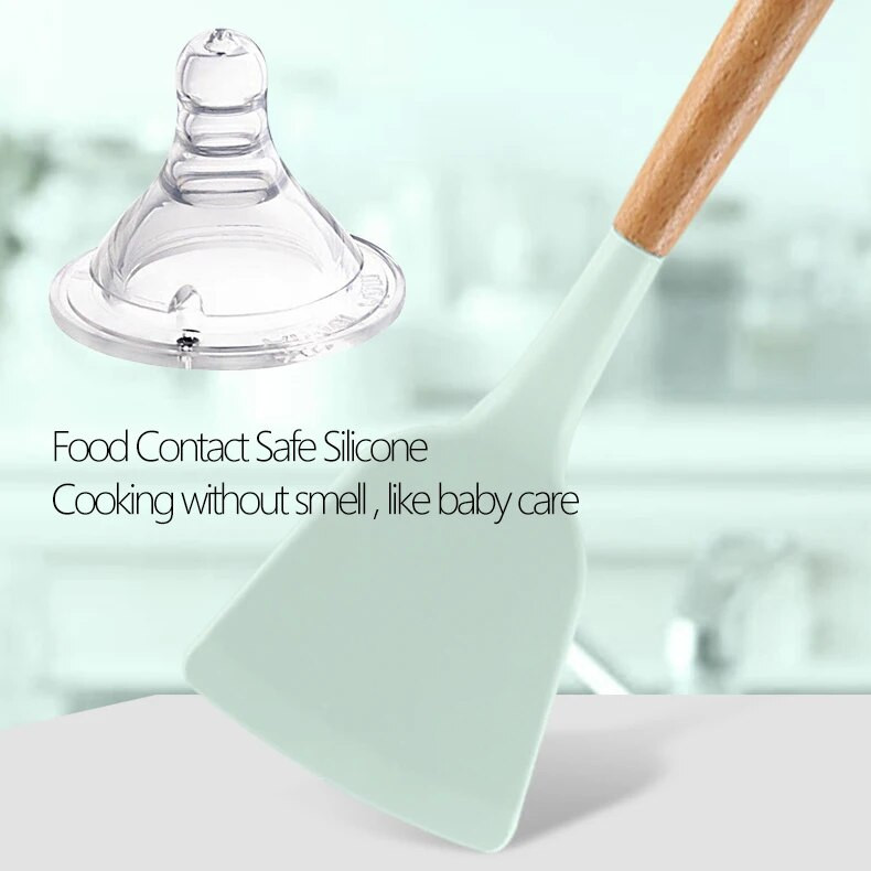 11/12 ΤΕΜ. Σετ μαγειρικά σκεύη σιλικόνης αντικολλητικά μαγειρικά σκεύη κουζίνας Σετ εργαλείων μαγειρικής σπάτουλας φτυάρι Αυγοχτυπητές Ξύλινη λαβή