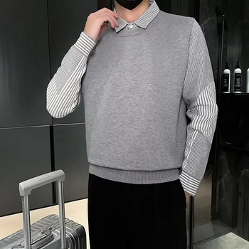 Ψεύτικο γιακά πουκάμισου 2 τεμ. Κουμπί μόδας πλεκτό πλεκτό ριγέ πουλόβερ Ανδρικά ρούχα φθινοπώρου Νέα casual πουλόβερ χαλαρά ζεστά μπλουζάκια
