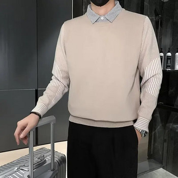 Ψεύτικο γιακά πουκάμισου 2 τεμ. Κουμπί μόδας πλεκτό πλεκτό ριγέ πουλόβερ Ανδρικά ρούχα φθινοπώρου Νέα casual πουλόβερ χαλαρά ζεστά μπλουζάκια