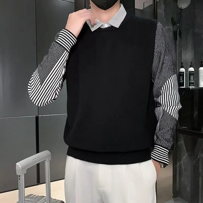 Viltus 2Gb kreklu apkakle Modes poga Savienots Trikotāžas Svītrains Džemperis Vīriešu Apģērbs Rudens Jauns Ikdienas Puloveri Brīvi silti Topi