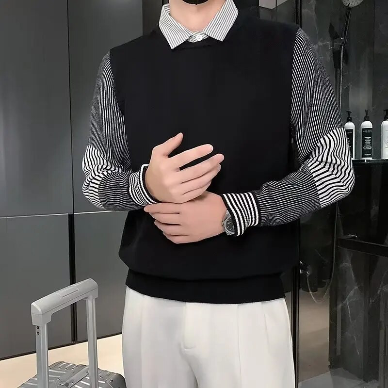 Viltus 2Gb kreklu apkakle Modes poga Savienots Trikotāžas Svītrains Džemperis Vīriešu Apģērbs Rudens Jauns Ikdienas Puloveri Brīvi silti Topi