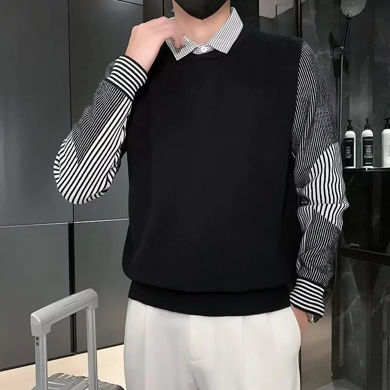 Viltus 2Gb kreklu apkakle Modes poga Savienots Trikotāžas Svītrains Džemperis Vīriešu Apģērbs Rudens Jauns Ikdienas Puloveri Brīvi silti Topi