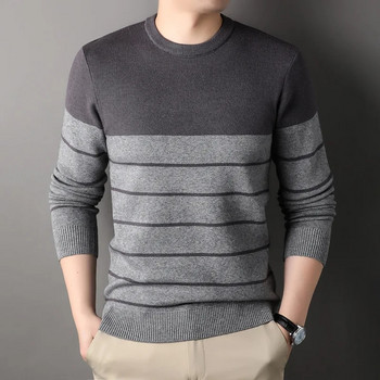 2023 Нов есенно-зимен мъжки ежедневен пуловер с кръгло деколте и дълъг ръкав, раиран вълнен горнище на средна възраст и млади възрастни