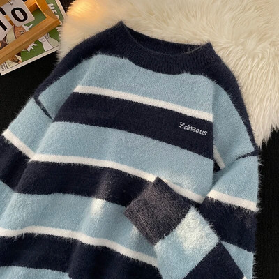 Amerikāņu svītrains džemperis vīriešiem un sievietēm Lazy High Sense rudens un ziemas apaļš kakla kontrasta krāsa korejiešu stila pāra džemperis