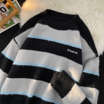 Amerikāņu svītrains džemperis vīriešiem un sievietēm Lazy High Sense rudens un ziemas apaļš kakla kontrasta krāsa korejiešu stila pāra džemperis