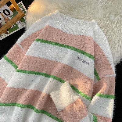 Amerikāņu svītrains džemperis vīriešiem un sievietēm Lazy High Sense rudens un ziemas apaļš kakla kontrasta krāsa korejiešu stila pāra džemperis