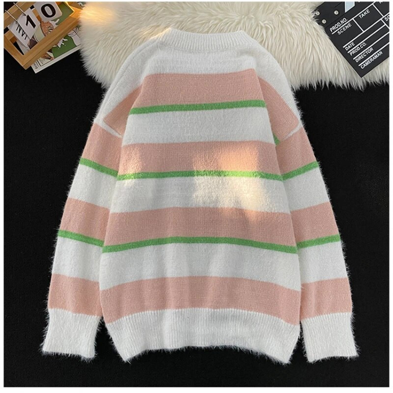 Amerikāņu svītrains džemperis vīriešiem un sievietēm Lazy High Sense rudens un ziemas apaļš kakla kontrasta krāsa korejiešu stila pāra džemperis