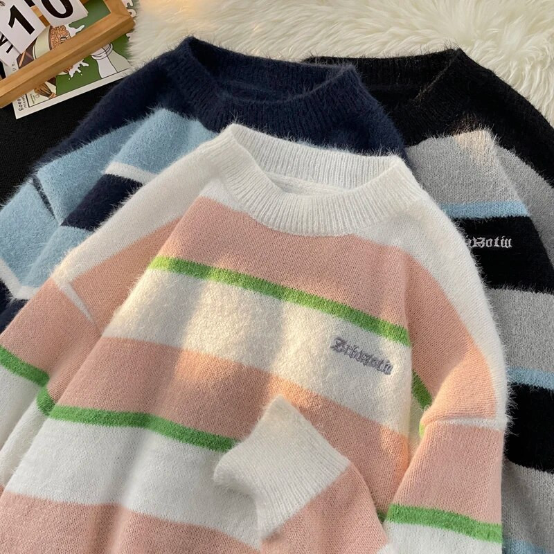 Amerikāņu svītrains džemperis vīriešiem un sievietēm Lazy High Sense rudens un ziemas apaļš kakla kontrasta krāsa korejiešu stila pāra džemperis