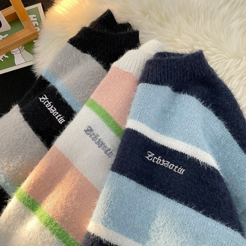 Amerikāņu svītrains džemperis vīriešiem un sievietēm Lazy High Sense rudens un ziemas apaļš kakla kontrasta krāsa korejiešu stila pāra džemperis