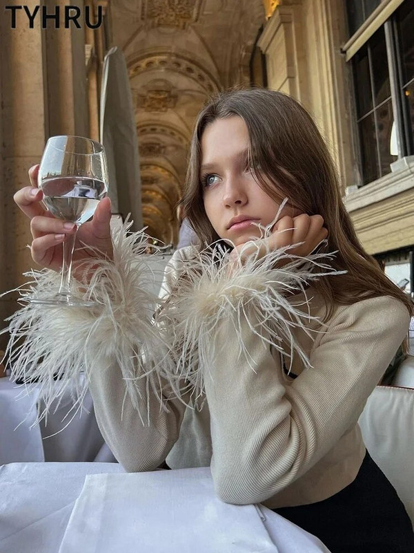 TYHRU Fashion Γυναικεία Πλεκτά Πουλόβερ The Cuff Στρουθοκάμηλο κοντό μονόστομο πουλόβερ ζακέτα