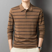 Rudens ir žiemos polo vyriški kostiuminiai marškinėliai ilgomis rankovėmis Slim Fit Šilti megzti marškiniai Polo apykakle Dryžuotas megztinis