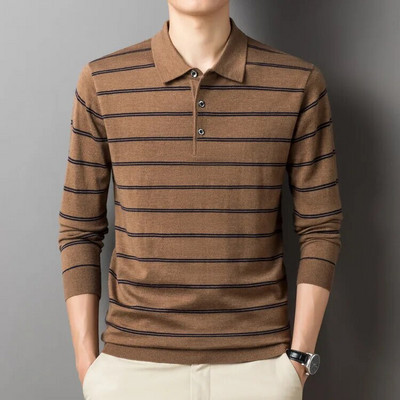 Rudens un ziemas polo vīriešu uzvalka krekls ar garām piedurknēm Slim Fit silts trikotāžas krekls Polo apkakles augšdaļai svītrains džemperis