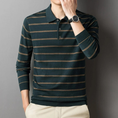 Rudens un ziemas polo vīriešu uzvalka krekls ar garām piedurknēm Slim Fit silts trikotāžas krekls Polo apkakles augšdaļai svītrains džemperis