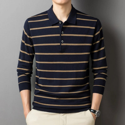 Rudens un ziemas polo vīriešu uzvalka krekls ar garām piedurknēm Slim Fit silts trikotāžas krekls Polo apkakles augšdaļai svītrains džemperis