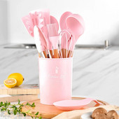 Silikona virtuves piederumu komplekts, nepiedegošs virtuves trauki virtuvei Koka rokturis Lāpstiņa Olu putotāji Virtuves piederumi Virtuves piederumi