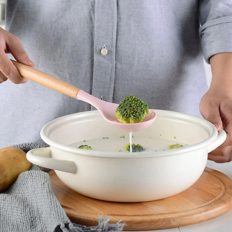 Silikona virtuves piederumu komplekts, nepiedegošs virtuves trauki virtuvei Koka rokturis Lāpstiņa Olu putotāji Virtuves piederumi Virtuves piederumi