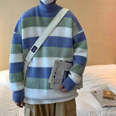 Dryžuotas vėžlys ilgomis rankovėmis senovinis megztinis vyrams rudens ir žiemos tingus laisvalaikio universalus trikotažo tendencija Harajuku megztiniai