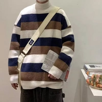 Dryžuotas vėžlys ilgomis rankovėmis senovinis megztinis vyrams rudens ir žiemos tingus laisvalaikio universalus trikotažo tendencija Harajuku megztiniai