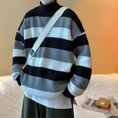 Dryžuotas vėžlys ilgomis rankovėmis senovinis megztinis vyrams rudens ir žiemos tingus laisvalaikio universalus trikotažo tendencija Harajuku megztiniai