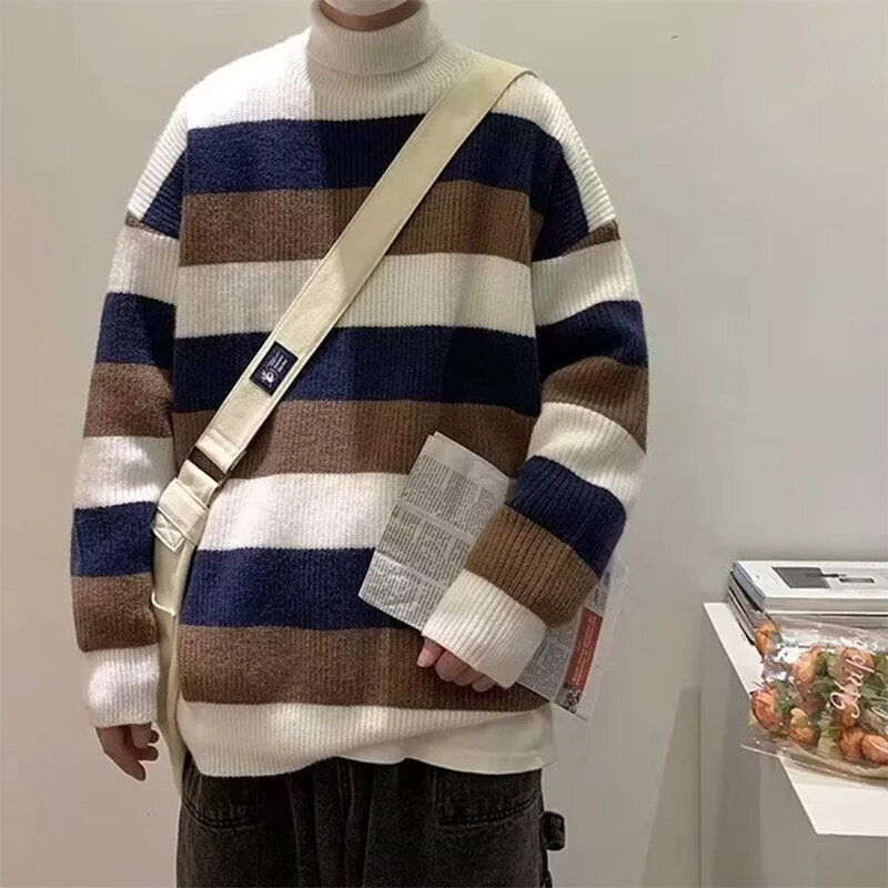 Dryžuotas vėžlys ilgomis rankovėmis senovinis megztinis vyrams rudens ir žiemos tingus laisvalaikio universalus trikotažo tendencija Harajuku megztiniai