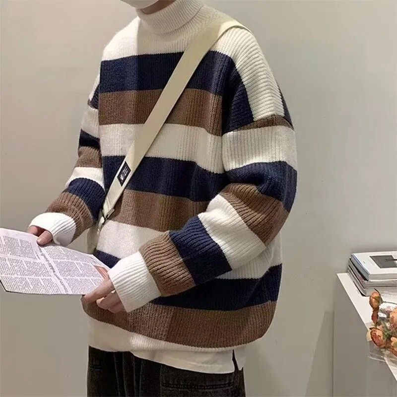 Dryžuotas vėžlys ilgomis rankovėmis senovinis megztinis vyrams rudens ir žiemos tingus laisvalaikio universalus trikotažo tendencija Harajuku megztiniai