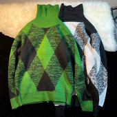 Krāsains kvadrātveida džemperis ar augstu apkakli rudenī un ziemā sabiezināts, moderns, brīvs, trikotāžas tops ar augstu izgriezumu