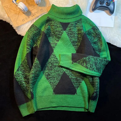 Krāsains kvadrātveida džemperis ar augstu apkakli rudenī un ziemā sabiezināts, moderns, brīvs, trikotāžas tops ar augstu izgriezumu