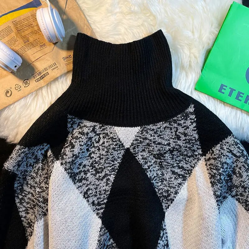 Krāsains kvadrātveida džemperis ar augstu apkakli rudenī un ziemā sabiezināts, moderns, brīvs, trikotāžas tops ar augstu izgriezumu