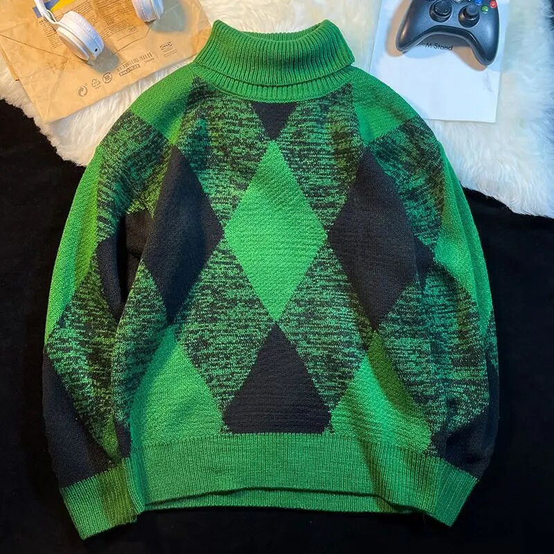 Krāsains kvadrātveida džemperis ar augstu apkakli rudenī un ziemā sabiezināts, moderns, brīvs, trikotāžas tops ar augstu izgriezumu