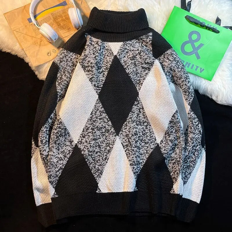 Krāsains kvadrātveida džemperis ar augstu apkakli rudenī un ziemā sabiezināts, moderns, brīvs, trikotāžas tops ar augstu izgriezumu