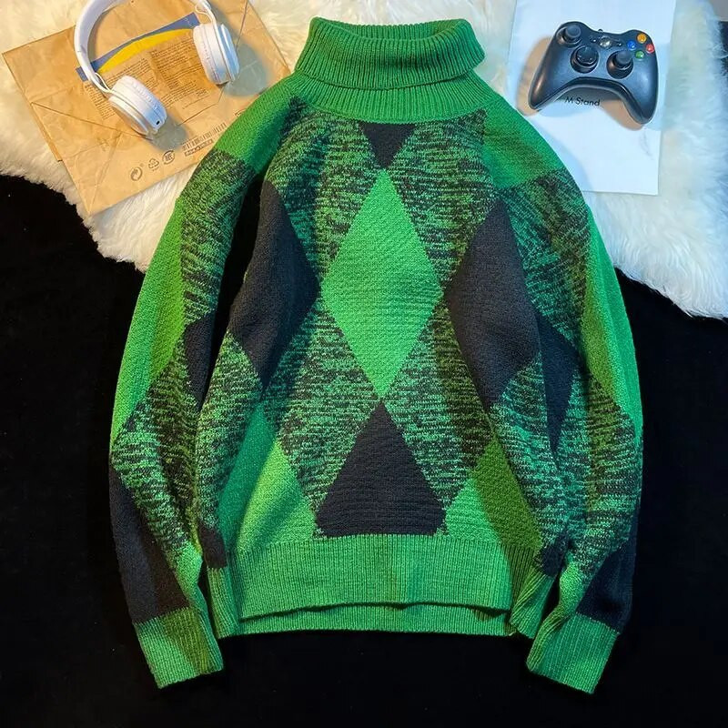 Krāsains kvadrātveida džemperis ar augstu apkakli rudenī un ziemā sabiezināts, moderns, brīvs, trikotāžas tops ar augstu izgriezumu