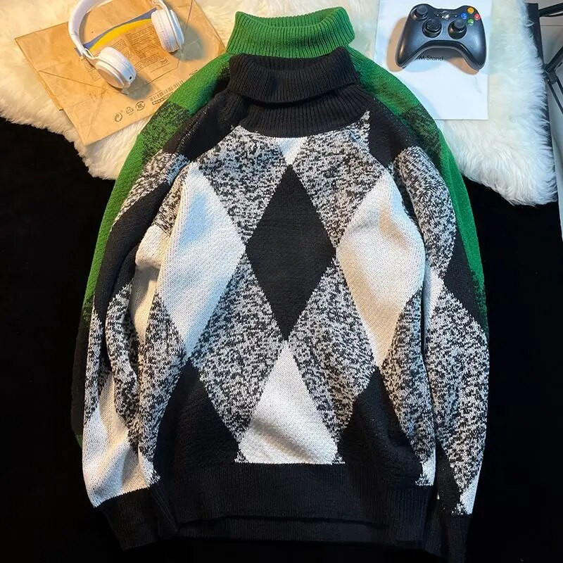 Krāsains kvadrātveida džemperis ar augstu apkakli rudenī un ziemā sabiezināts, moderns, brīvs, trikotāžas tops ar augstu izgriezumu