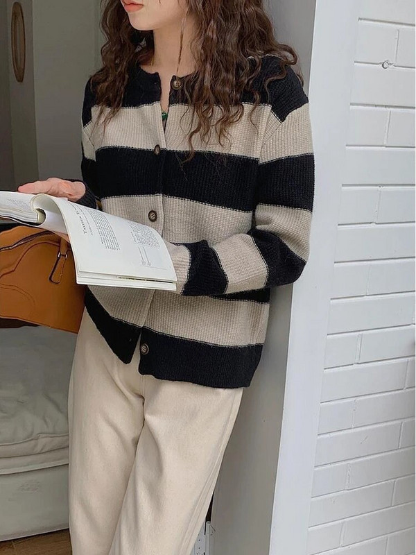 Sieviešu jaka Rudens Pāris Svītraini Minimālisma Ins Femme Visiem piemērotiem vintage džemperiem Ulzzang Student High Street mājīgs trikotāža