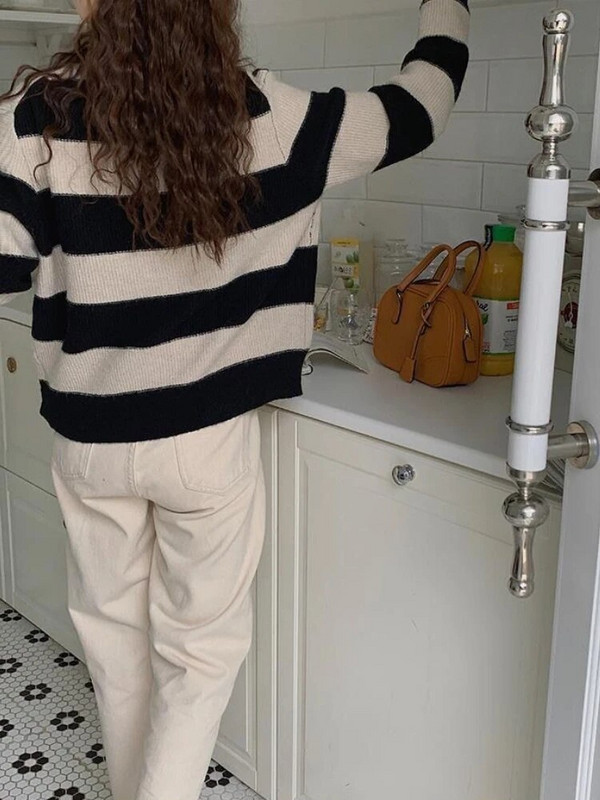 Sieviešu jaka Rudens Pāris Svītraini Minimālisma Ins Femme Visiem piemērotiem vintage džemperiem Ulzzang Student High Street mājīgs trikotāža